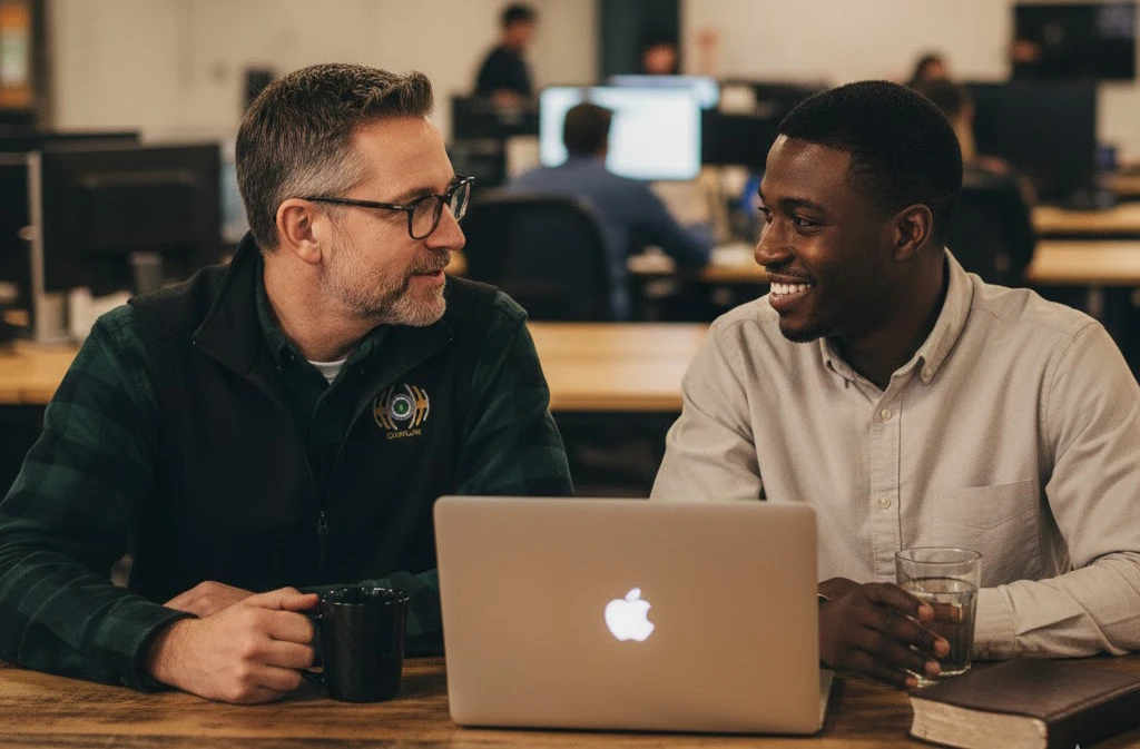 Chaplain and young worker talking in a workplace