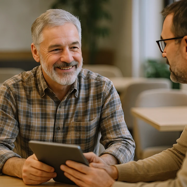 Friendly Chaplain and younger man talking and smiling in modern office space.